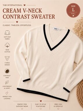 Tabi International 100% Cotton Cream V-Neck Contrast Sweater | Size L